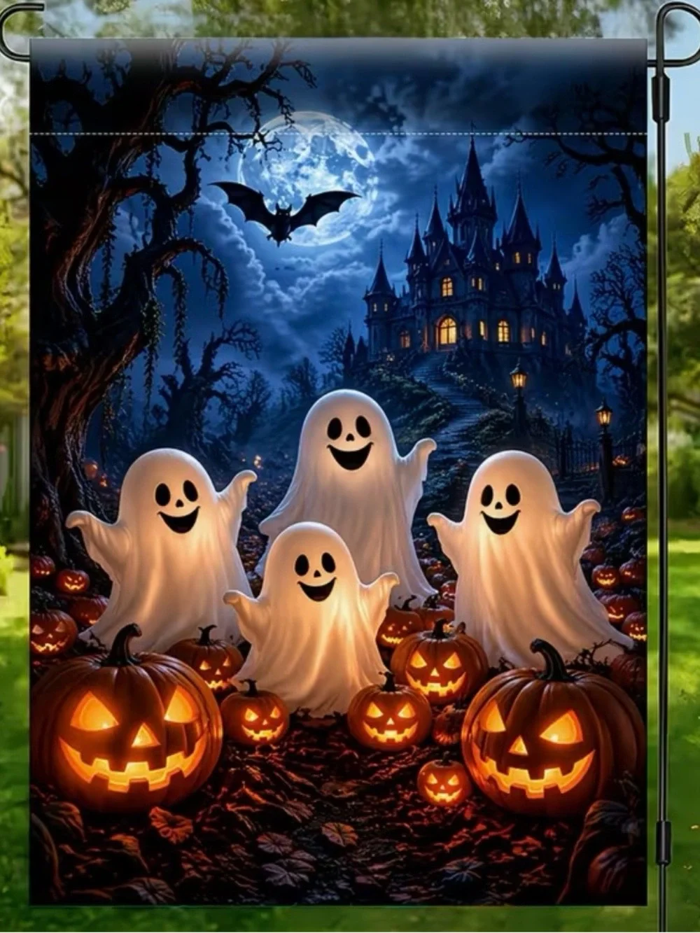 Halloween Cute Ghosts & Jack-O'-Lantern Garden Flag Spooky Night Haunted House